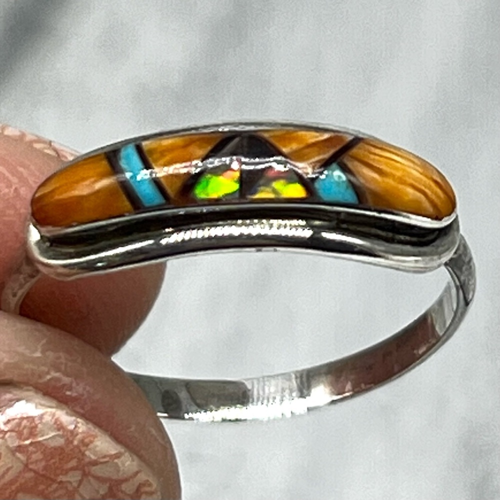 134.Designer signed Vivi Barbone Navaho Sterling multi-stone inlaid ring sz 8.75
